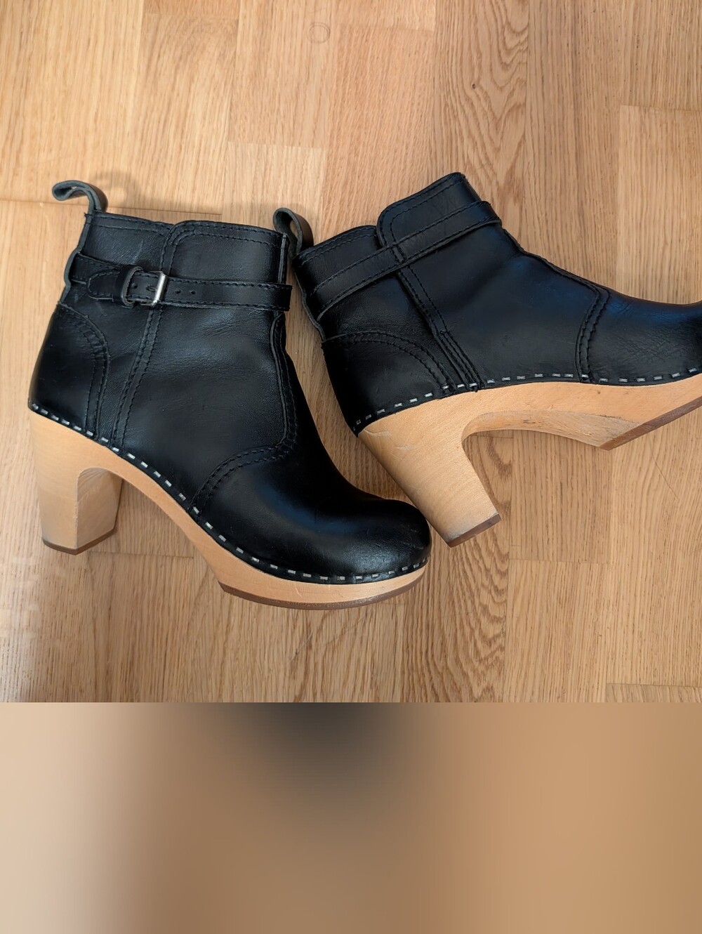 Swedish Hasbeens Black Leather Ankle Boots with Natural Wood Heel
